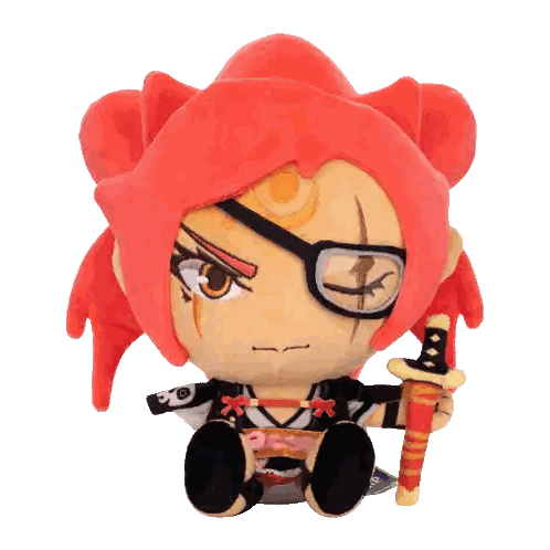 a stuffed toy with red hair and glasses is holding a sword