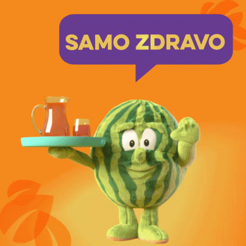 A Stuffed Watermelon Holding A Tray With A Pitcher And Two Glasses Of Juice On It GIF