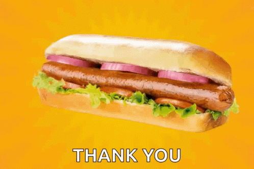 A Sub Sandwich With Tomatoes Lettuce And Onions On A Yellow Background With The Words Thank You Below It GIF