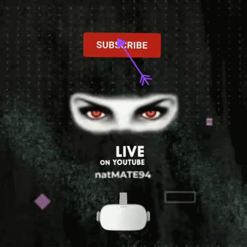 a subscribe button is above a woman 's eyes