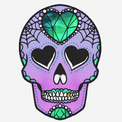 A Sugar Skull With Hearts In Its Eyes And A Green Heart On Top GIF