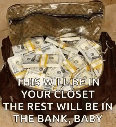 A Suitcase Filled With Lots Of Money And A Quote That Says This Will Be In Your Closet GIF