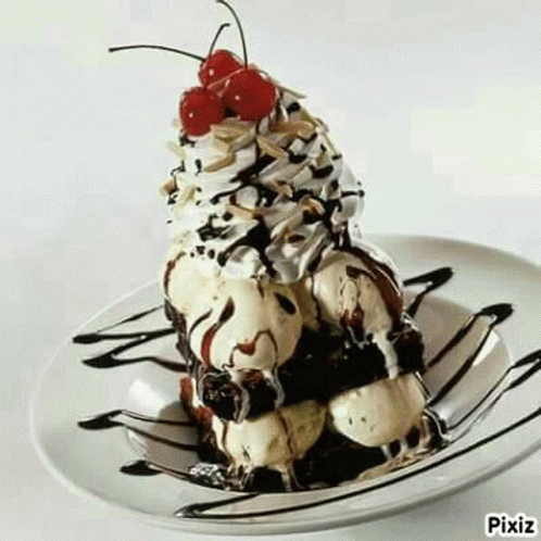 A Sundae With Ice Cream , Chocolate Sauce , Whipped Cream And A Cherry On Top On A Plate . GIF