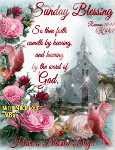 A Sunday Blessing Greeting Card With Pink Flowers And Birds GIF