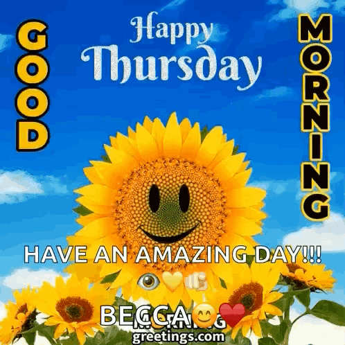 A Sunflower With A Smiley Face On It And The Words `` Happy Thursday Morning Have An Amazing Day '' . GIF