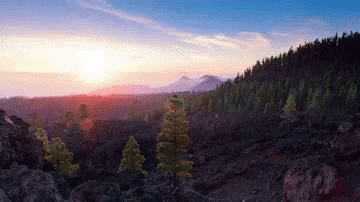 A Sunset Over A Valley With Trees And Rocks In The Foreground GIF