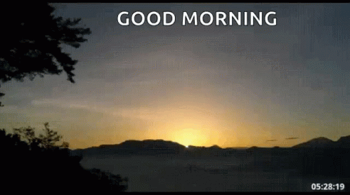 A Sunset With The Words `` Good Morning '' Written In The Sky GIF