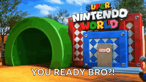 A Super Nintendo World Sign With A Green Pipe In The Background GIF