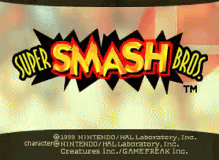 A Super Smash Bros Logo That Says 1999 Nintendo Hal Laboratory Inc GIF