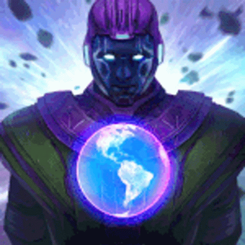 A Superhero With A Purple Helmet Is Holding A Glowing Globe In His Chest . GIF