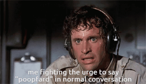 A Sweaty Man Wearing Headphones Says " Me Fighting The Urge To Say " Poopfard " In Normal Conversation GIF