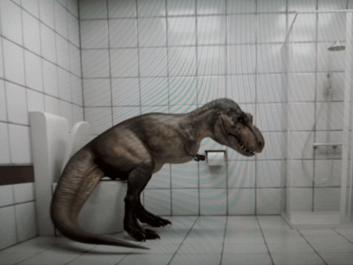 A T-Rex Is Standing On A Toilet In A Bathroom GIF