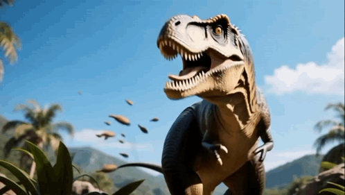 A T-Rex With Its Mouth Open Is Standing In A Jungle GIF