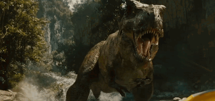 A T-Rex With Its Mouth Open Is Swimming In The Water GIF