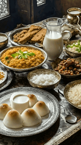 A Table Topped With Plates And Bowls Of Food Including Rice And A Pitcher Of Milk GIF