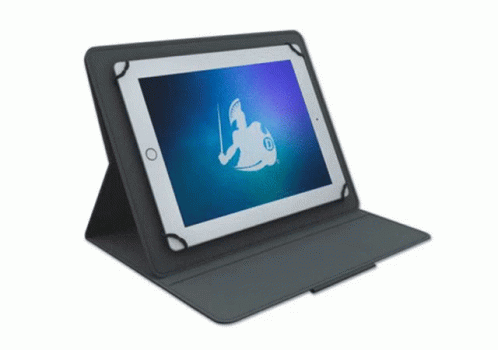 A Tablet In A Black Case With A Logo On It GIF