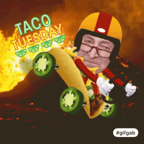 a taco tuesday poster with a man riding a taco