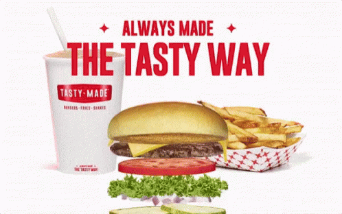 A Tasty Way Advertisement Shows A Hamburger And Fries GIF