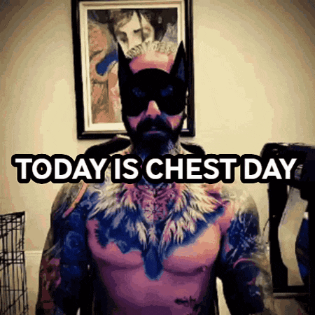 A Tattooed Man Wearing A Cat Mask And Sunglasses Says Today Is Chest Day GIF