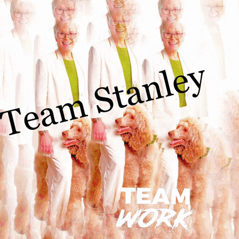 A Team Stanley Poster With A Woman Standing Next To A Dog GIF