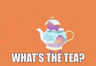 A Teapot With A Purple Ghost Coming Out Of It And The Words " What 'S The Tea " Below It GIF