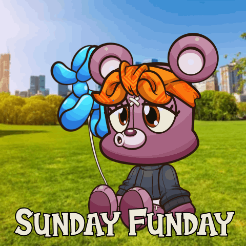 A Teddy Bear Holding A Blue And Orange Balloon With The Words Sunday Funday Written Below It GIF