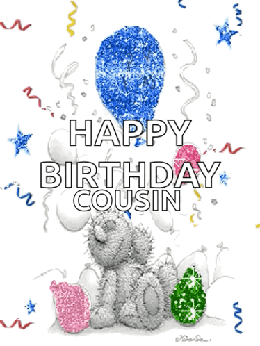 A Teddy Bear Holding A Blue Balloon With The Words Happy Birthday Cousin GIF