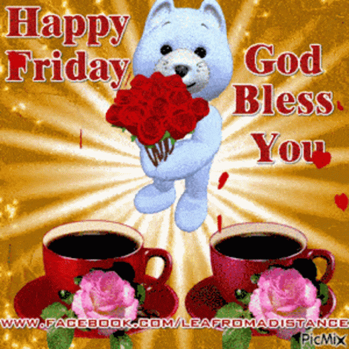 A Teddy Bear Holding A Bouquet Of Red Roses Says Happy Friday GIF