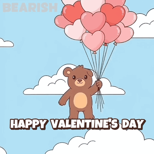 A Teddy Bear Holding A Bunch Of Heart Shaped Balloons With The Words Happy Valentine 'S Day Below GIF