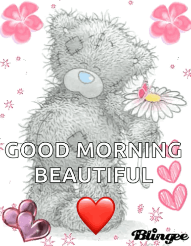 A Teddy Bear Holding A Flower With The Words " Good Morning Beautiful " Below It GIF