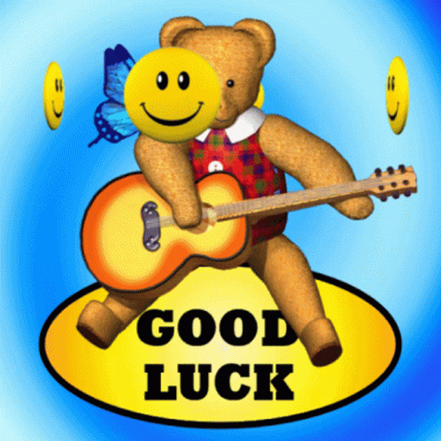 A Teddy Bear Holding A Guitar And A Smiley Face With The Words " Good Luck " Below It GIF