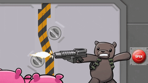 A Teddy Bear Holding A Gun Next To A Red Button That Says Open GIF