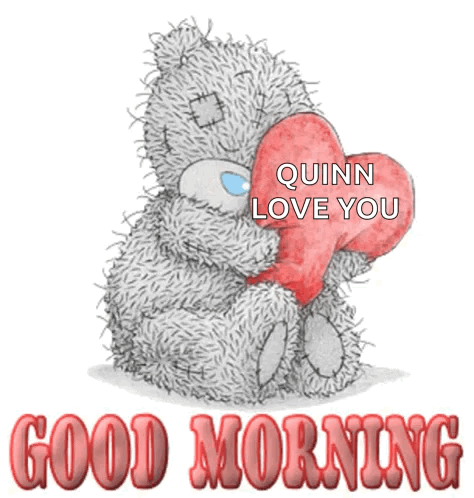 A Teddy Bear Holding A Heart That Says Quinn Love You On It GIF