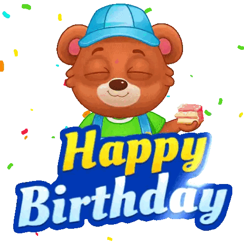 a teddy bear holding a piece of cake with the words happy birthday behind him