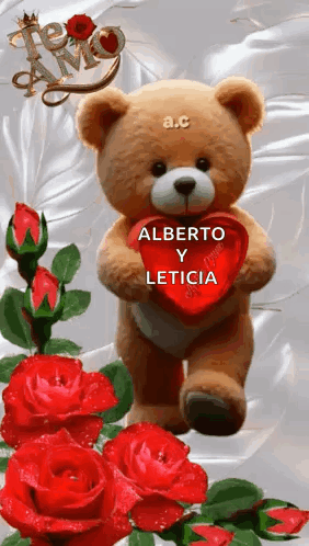 A Teddy Bear Holding A Red Heart With The Words Alberto Y Leticia Written On It GIF