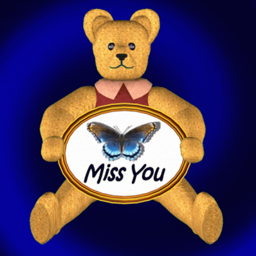 A Teddy Bear Holding A Sign That Says " Miss You " GIF