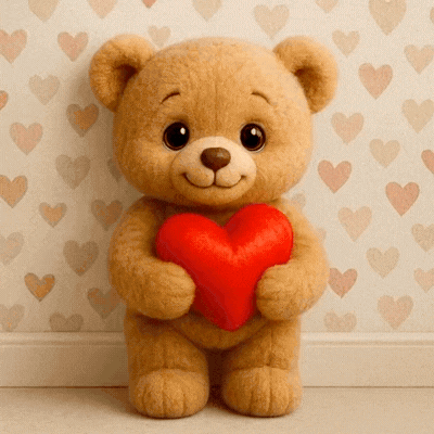 A Teddy Bear Holds A Red Heart In Front Of A Wall With Hearts On It GIF
