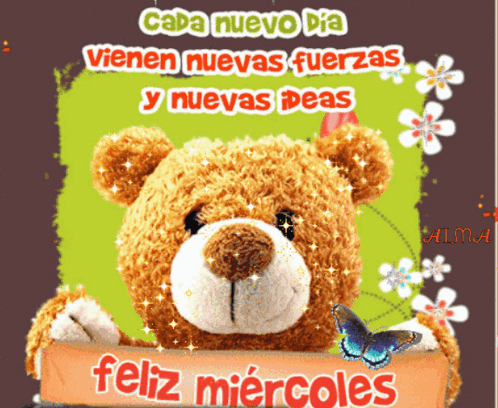 A Teddy Bear Holds A Sign That Says Feliz Miercoles GIF