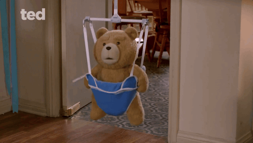 A Teddy Bear In A Blue Swing With The Word Ted On The Bottom Right GIF