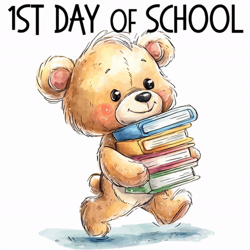 A Teddy Bear Is Carrying A Stack Of Books With The Words 1St Day Of School Behind Him GIF