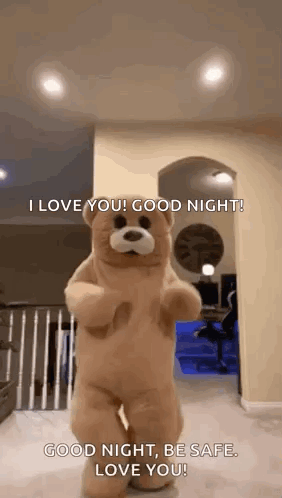 A Teddy Bear Is Dancing In A Hallway And Saying `` I Love You ! Good Night ! `` GIF