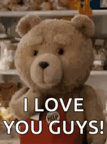 A Teddy Bear Is Holding A Bag Of Chips And Says `` I Love You Guys '' . GIF