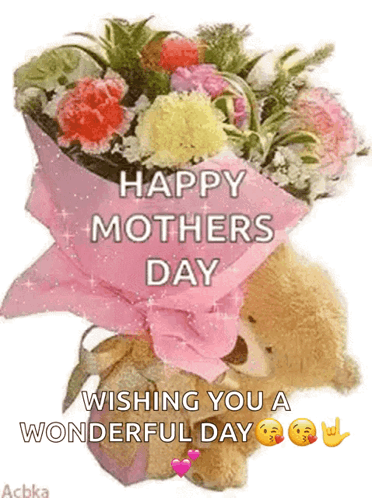 A Teddy Bear Is Holding A Bouquet Of Flowers And Wishing You A Wonderful Day GIF