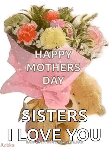 A Teddy Bear Is Holding A Bouquet Of Flowers On Mother 'S Day . GIF