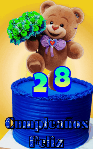 A Teddy Bear Is Holding A Bouquet Of Flowers On Top Of A Birthday Cake GIF