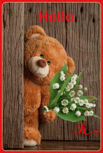 A Teddy Bear Is Holding A Bouquet Of Lily Of The Valley GIF