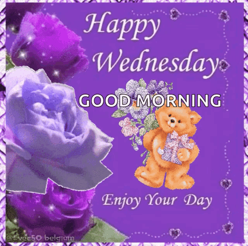 A Teddy Bear Is Holding A Bouquet Of Purple Flowers On A Purple Background . GIF