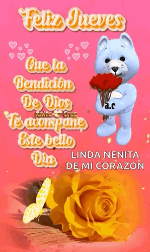 A Teddy Bear Is Holding A Bouquet Of Red Roses And Says Feliz Jueves GIF