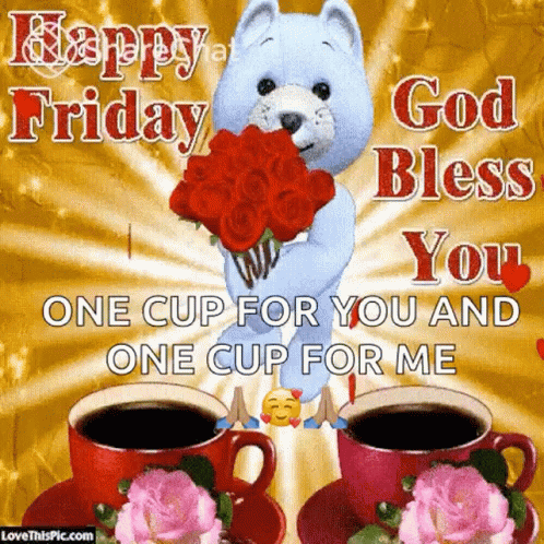 A Teddy Bear Is Holding A Bouquet Of Red Roses Next To Two Cups Of Coffee And Flowers . GIF