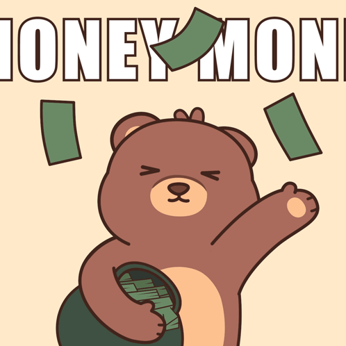 A Teddy Bear Is Holding A Bucket Of Money And The Words Oney Mone Are Above It GIF